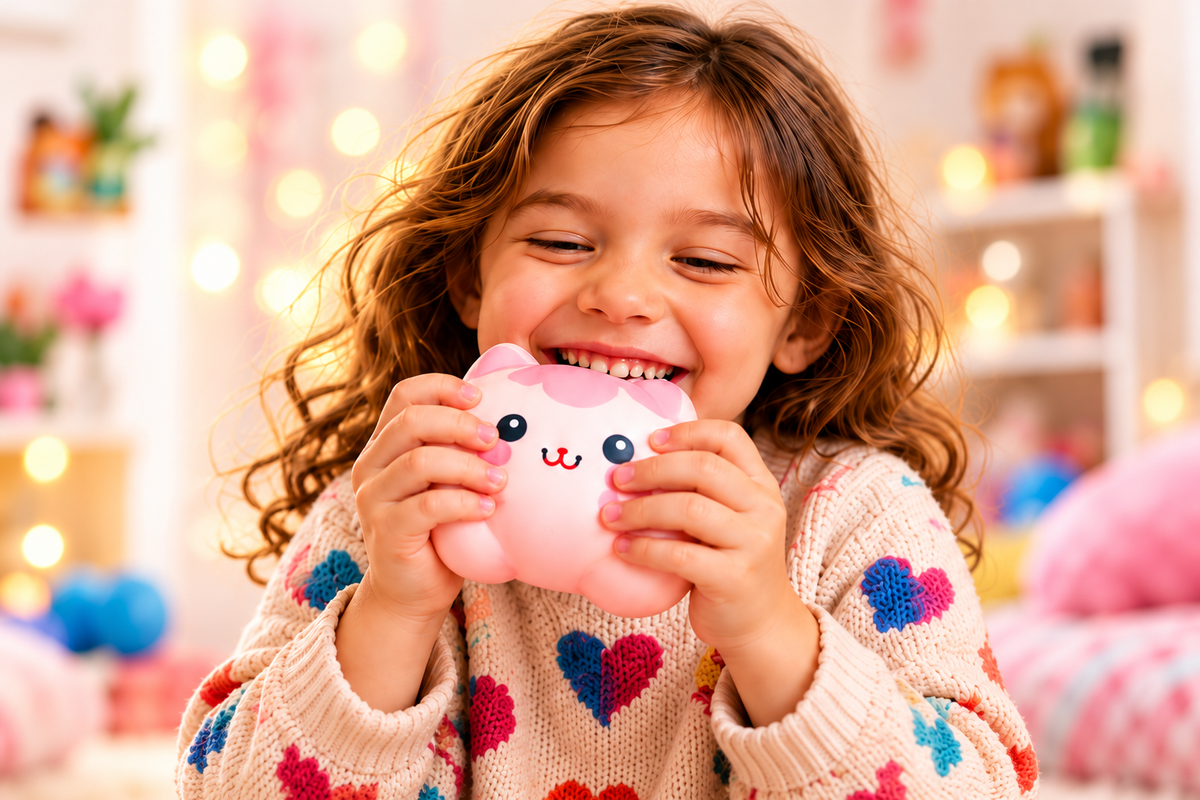 Illustrative scene of a child holding a pink cat-shaped squishy toy
