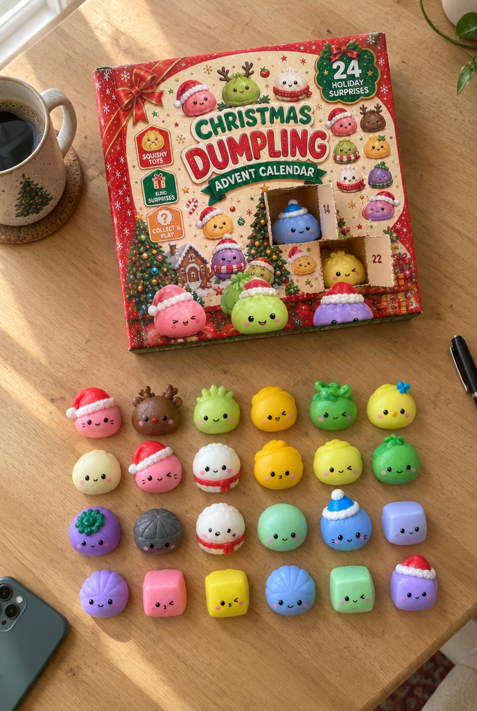 Advent calendar with all 24 mini dumpling squishies laid out