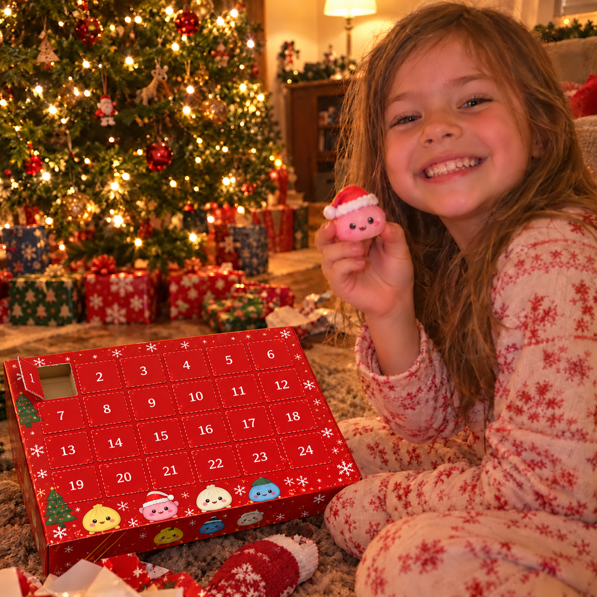 Girl holding the first squishy surprise, with day 1 open and days 2–24 closed