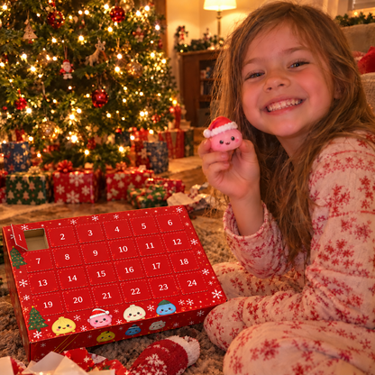 Girl holding the first squishy surprise, with day 1 open and days 2–24 closed