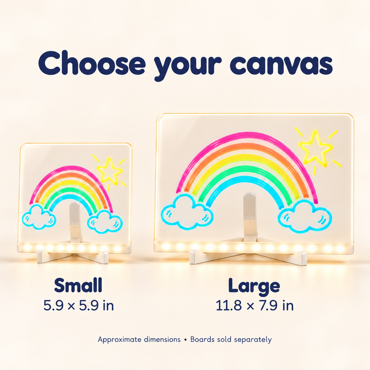 Approximate sizes: Small 5.9 x 5.9 inches; Large 11.8 x 7.9 inches. Boards sold separately.