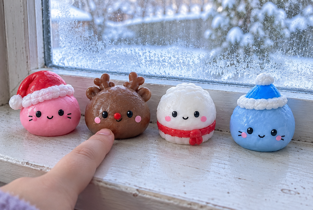 Four holiday dumpling squishies on a frosty windowsill