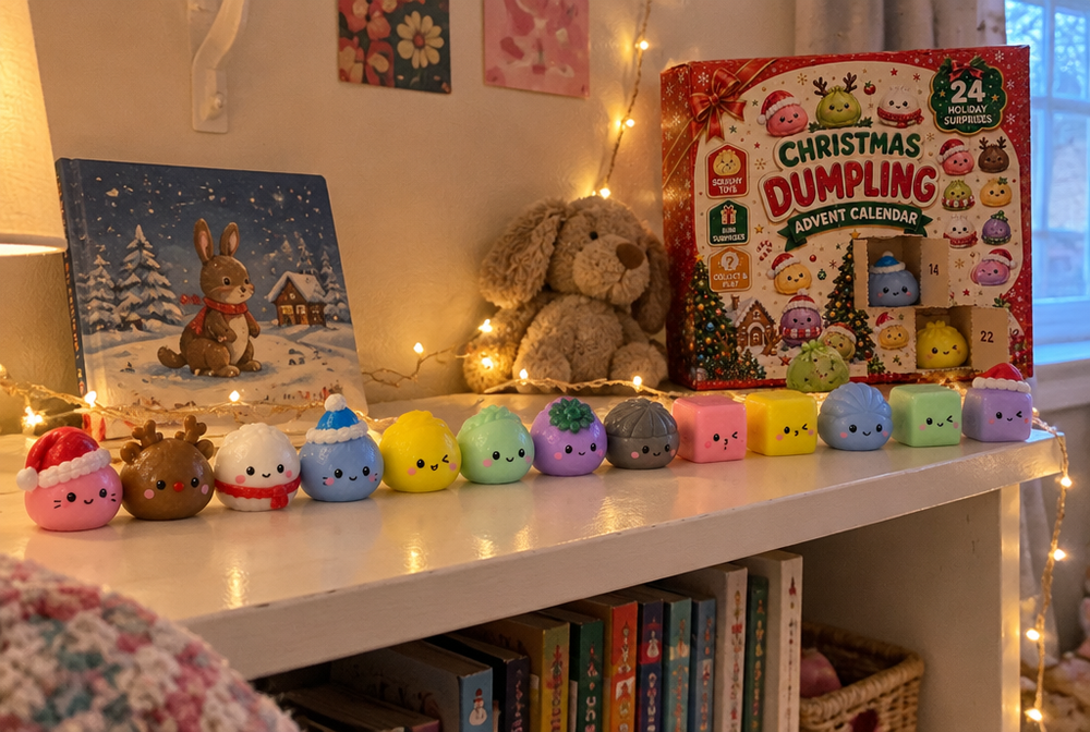 A growing row of dumpling squishies on a kid's shelf