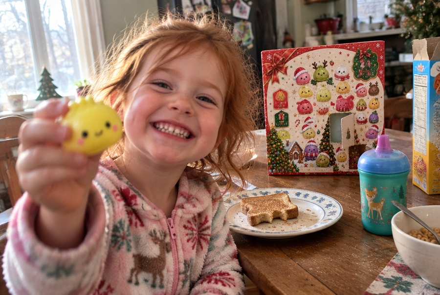 Smiling girl at breakfast holding up today's squishy