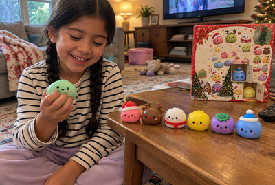Girl squishing a dumpling squishy next to her collection