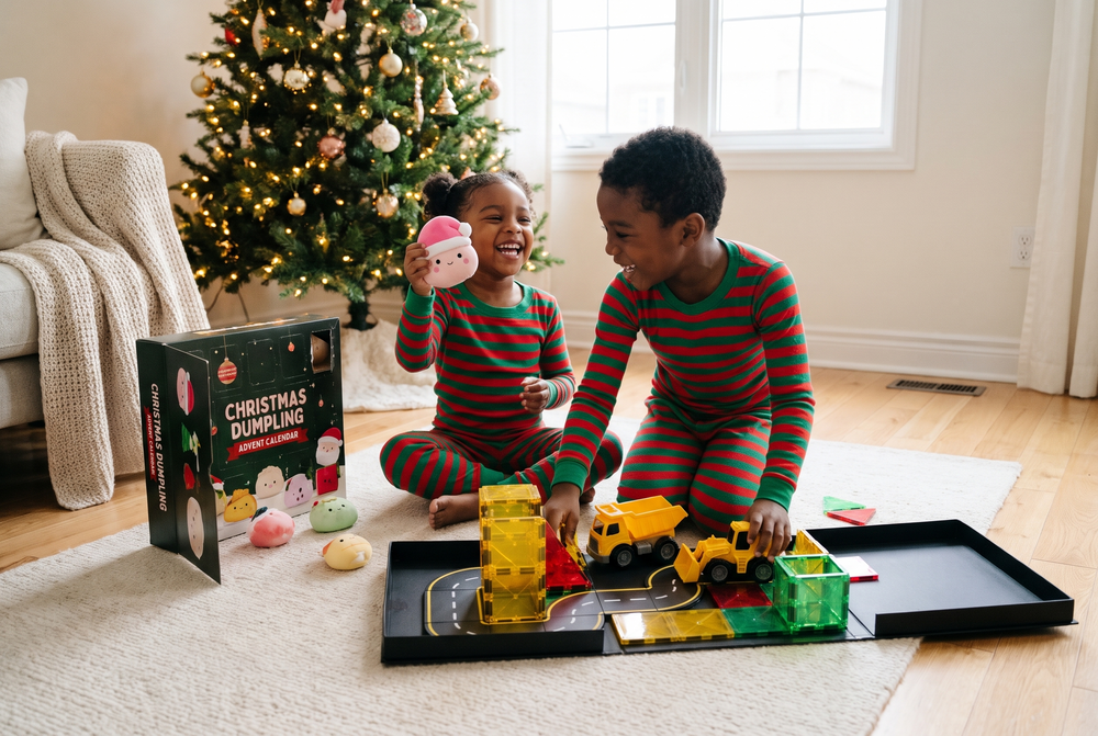 Brother and sister playing with Wonderpop toys by the Christmas tree