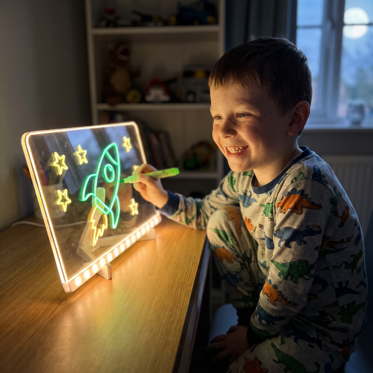 Boy drawing a glowing rocket on the LED board