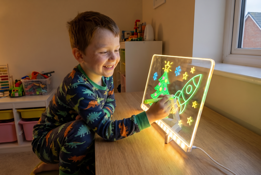 Boy drawing a glowing rocket on the LED board