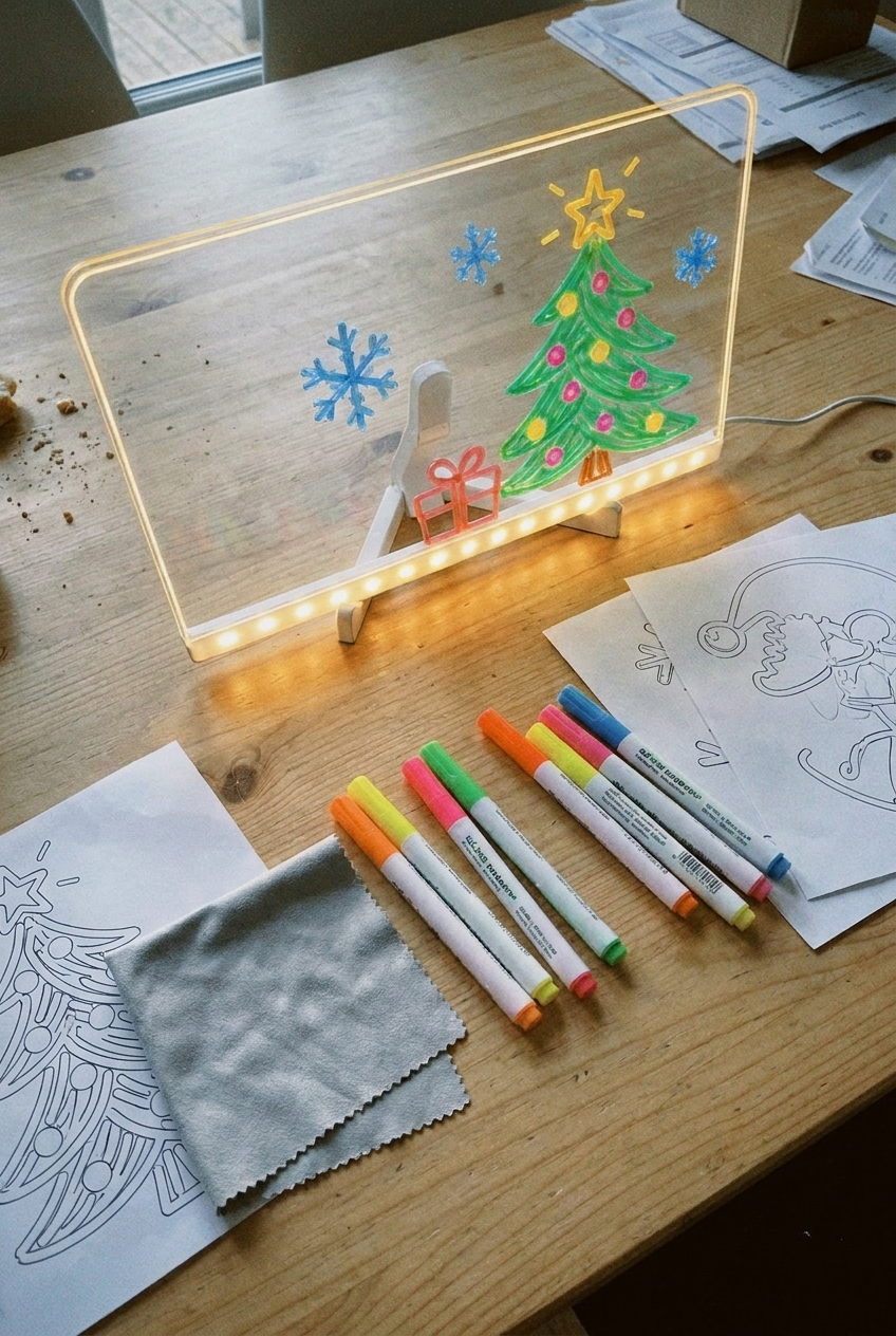 The board, stand, markers, cloth and templates laid out