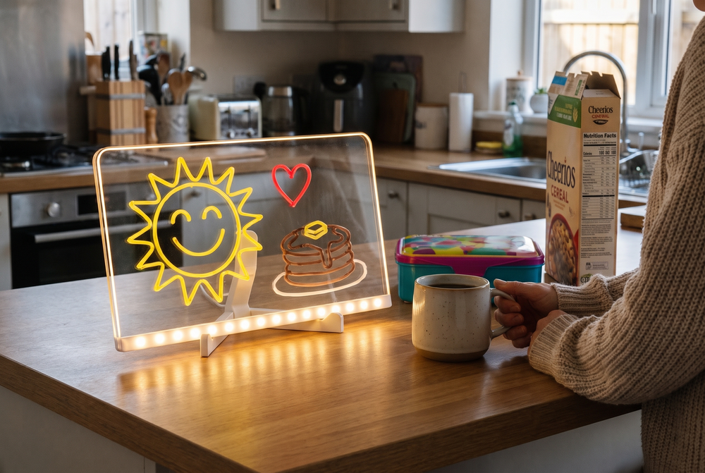 The LED board glowing on a kitchen counter in the morning