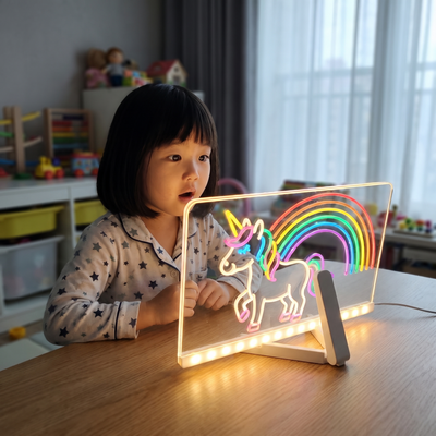 Girl's face lit by her glowing drawing in a dim room