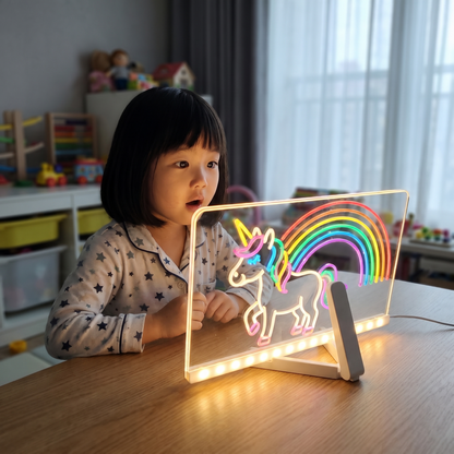 Girl lit up by her glowing unicorn drawing