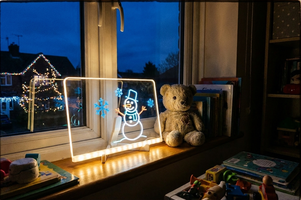 The LED board glowing in a window at night